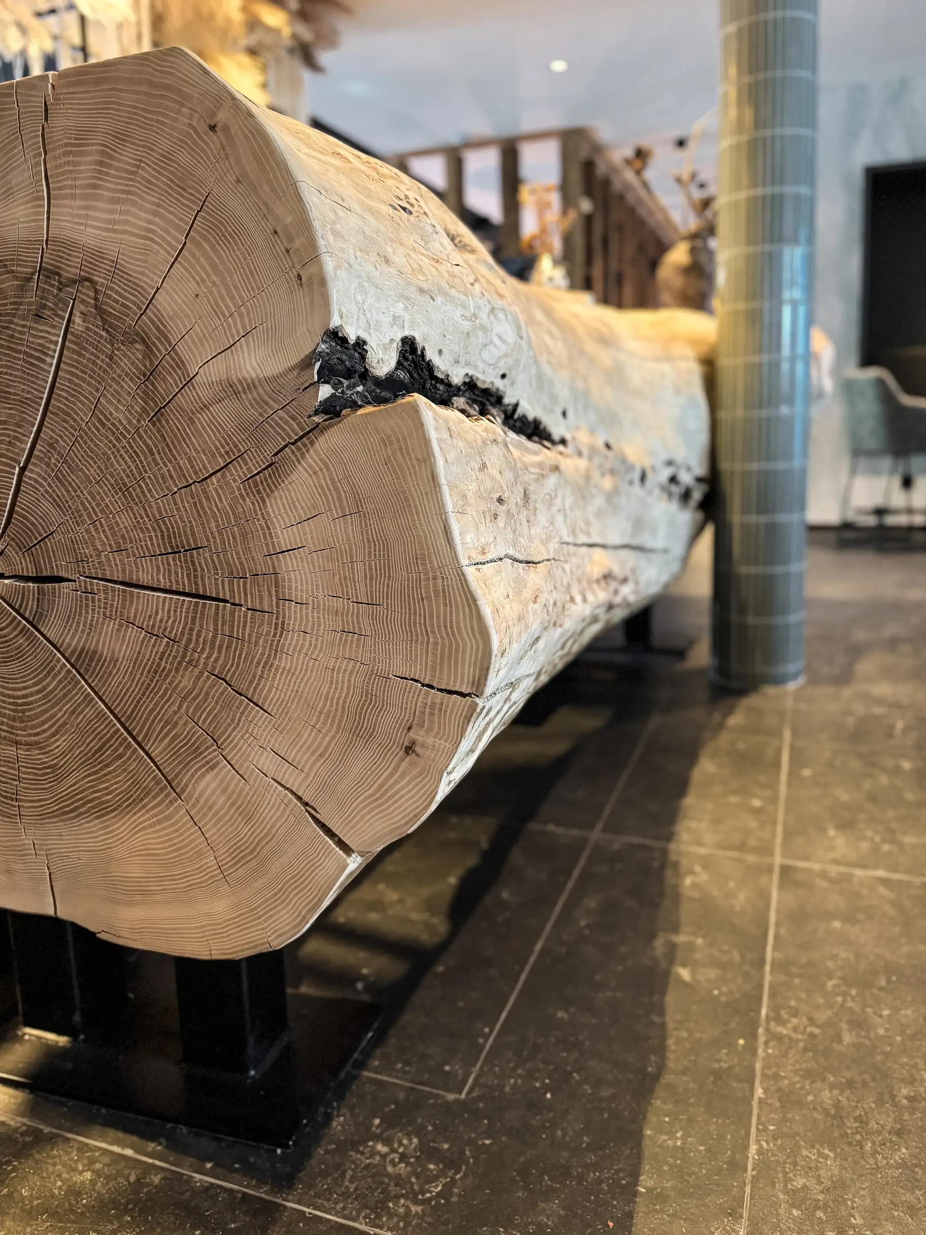 Recepción de madera natural realizada a partir de un tronco continuo de fresno con borde vivo