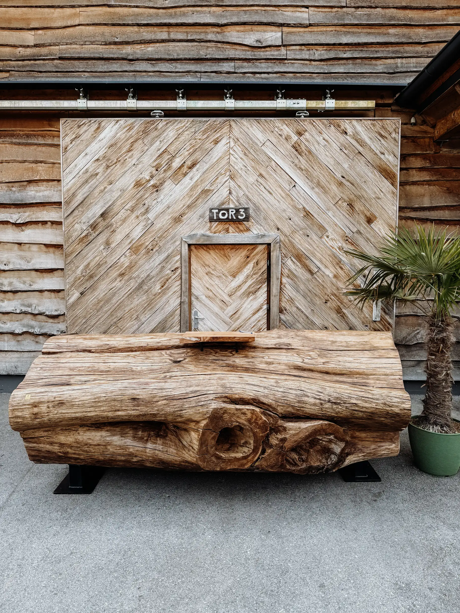 Reception naturale di Stammdesign ricavata da un intero tronco di olmo con venature continue e crescita unica