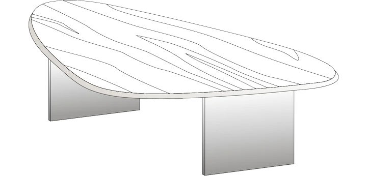 Ilustración de una mesa moderna de madera natural con patas de vidrio