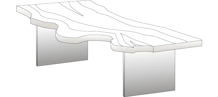 Ilustración de una mesa de tronco flotante con vetas de madera únicas