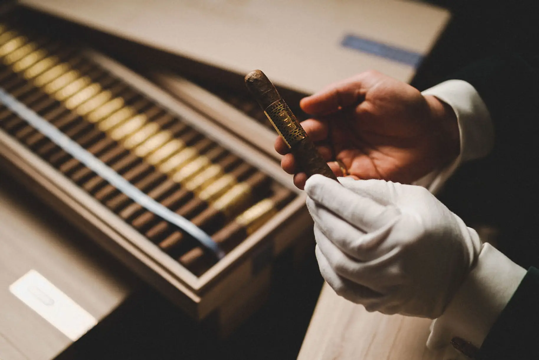 Hand with a white glove holds a cigar, cigar box in the background