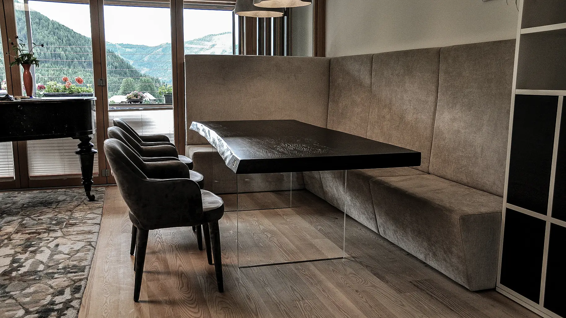 Solid wood table made of natural wood as a focal point in the dining room