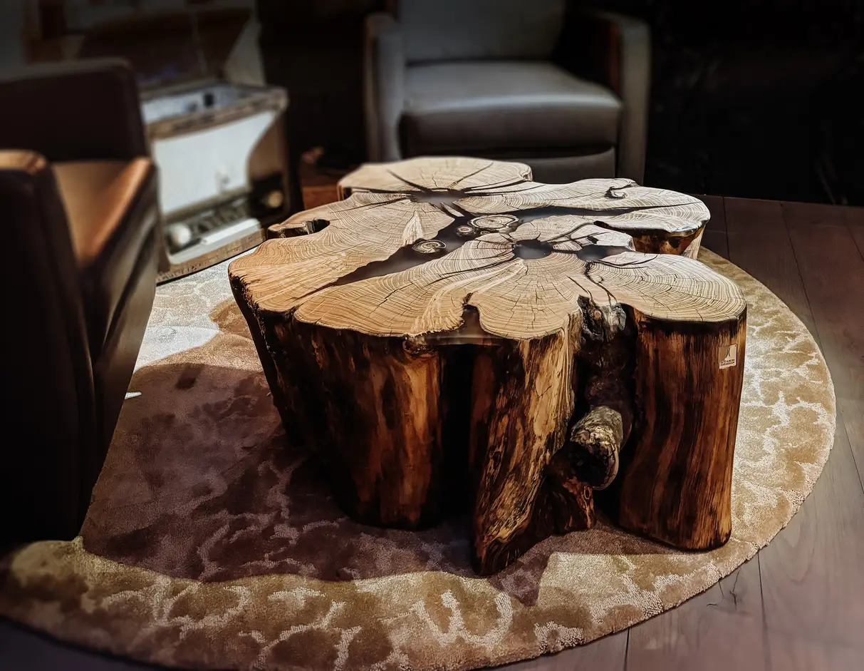 Mesa de café rústica de un tronco de árbol con textura de madera viva y resistente superficie de madera de acacia