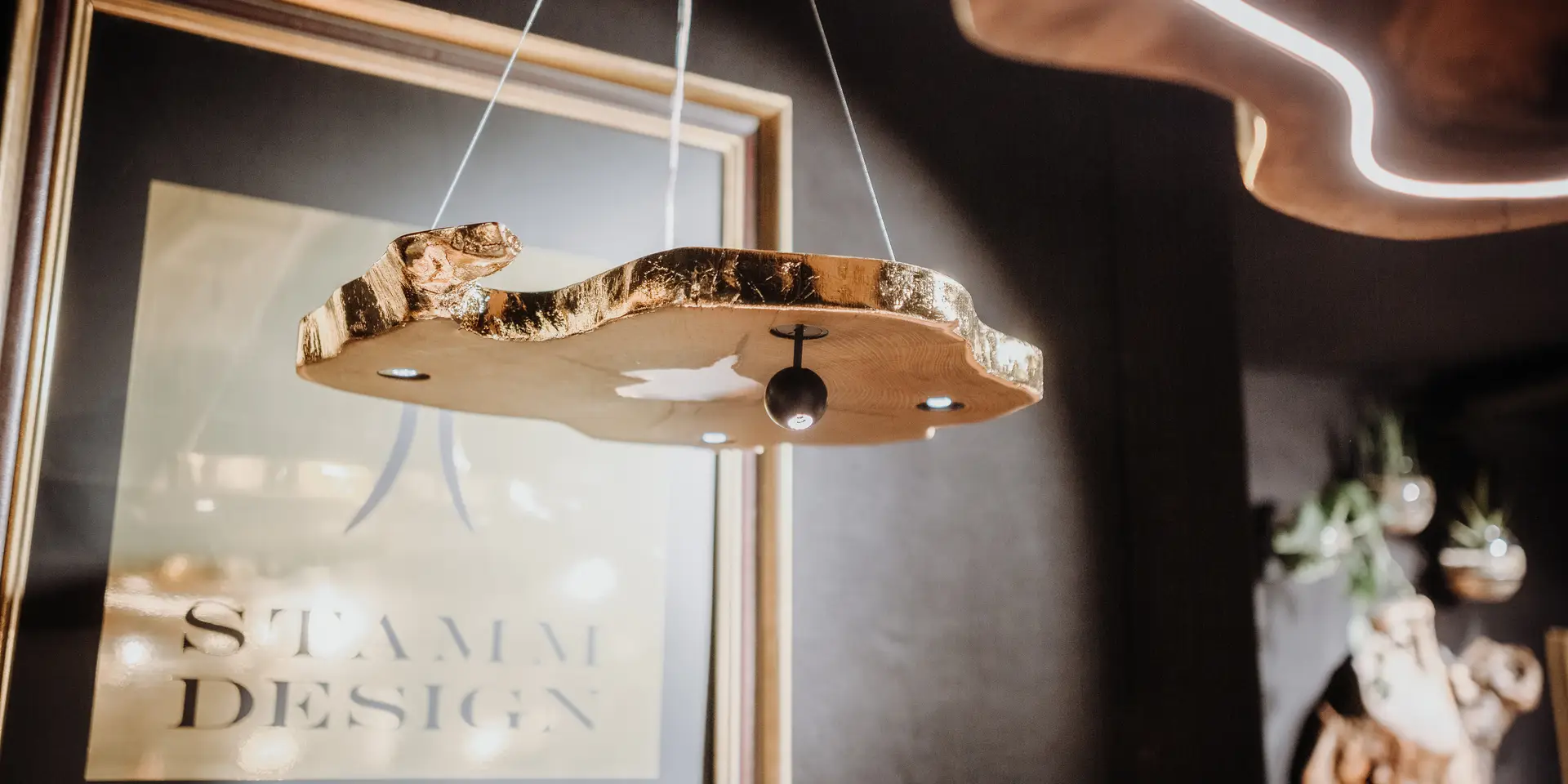 Handmade elegant ceiling lamp with 2 layers and warm light made of wood by Stammdesign.