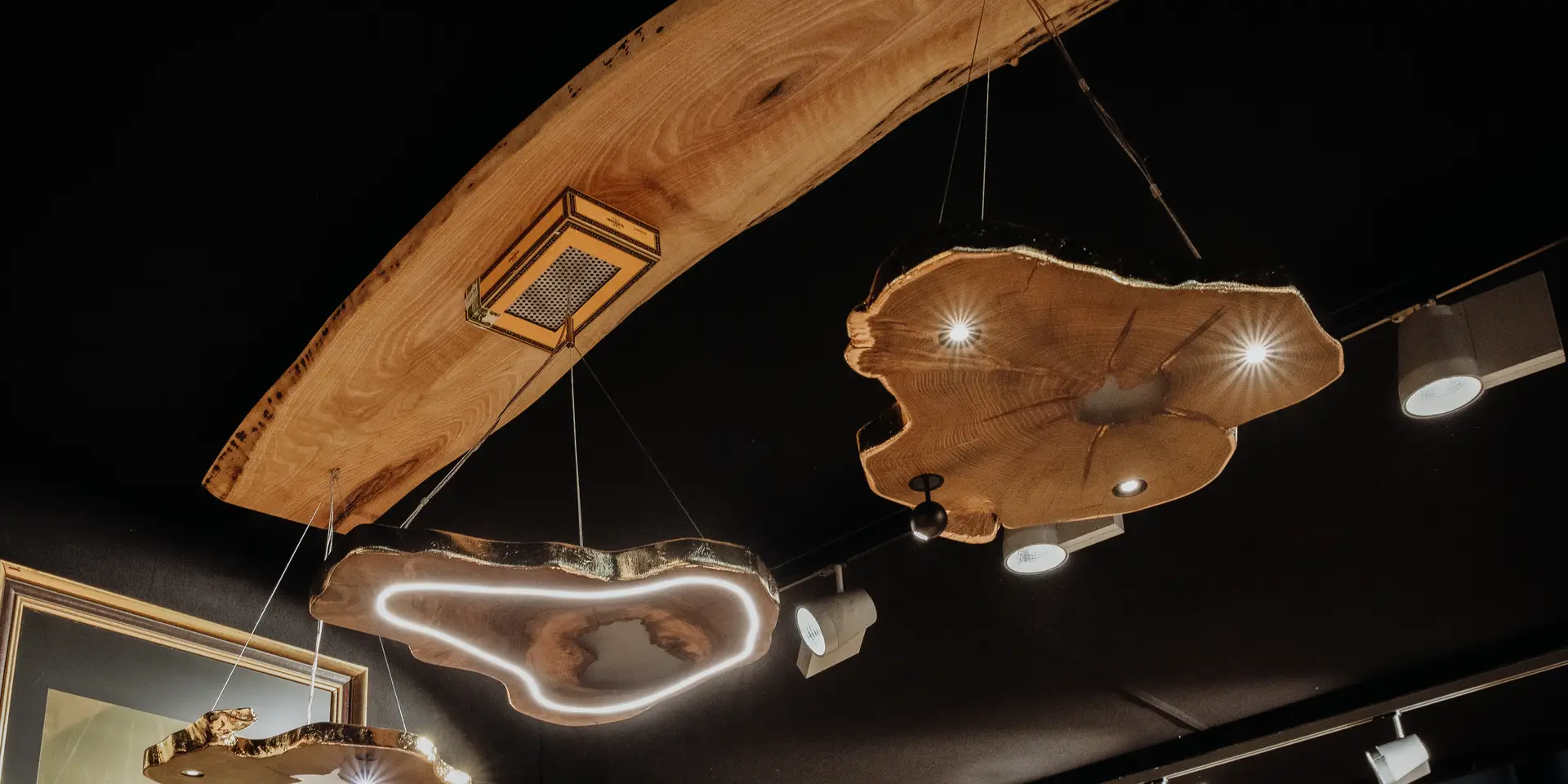 Handmade elegant ceiling lamp with 2 layers and warm light, crafted from wood by Stammdesign.