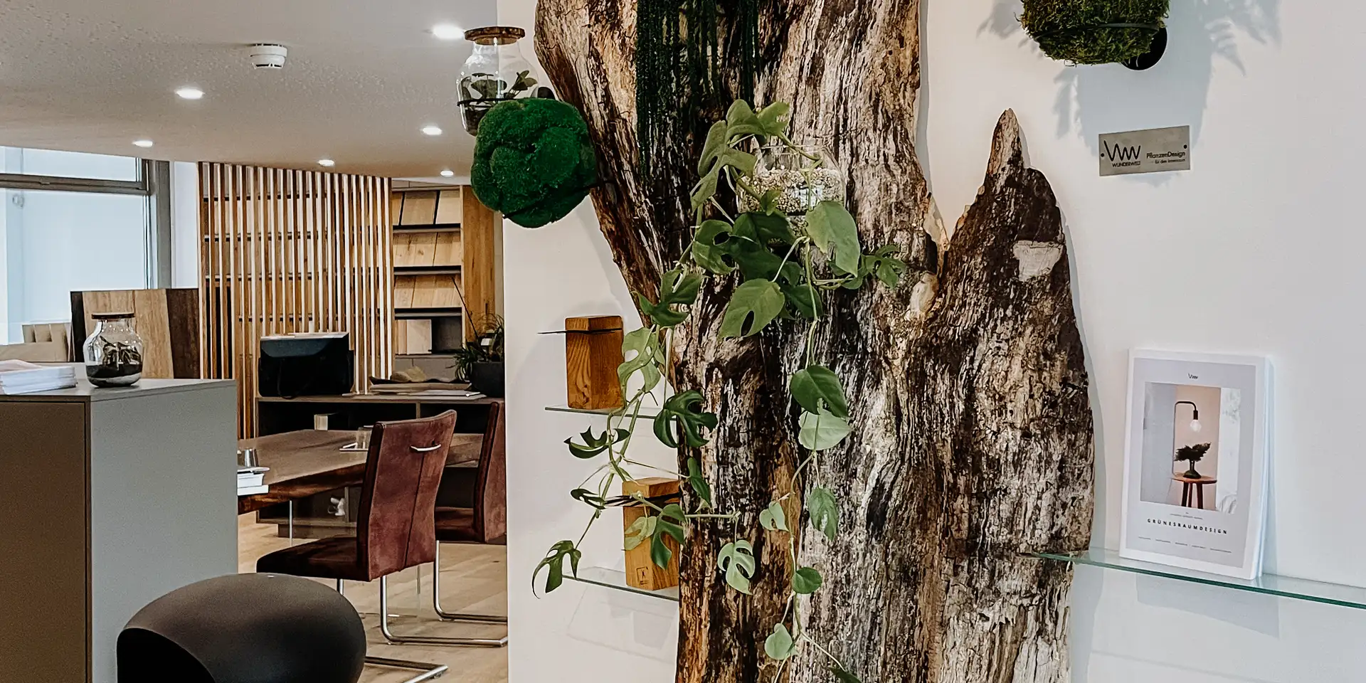 Decoración de pared rústica de árbol de Stammdesign hecha de un tronco de árbol para un interior único, vista 1.