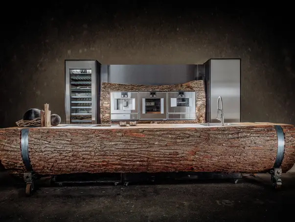 Isla de cocina hecha de un tronco de árbol con una superficie robusta de madera maciza para gastronomía y eventos, vista frontal.