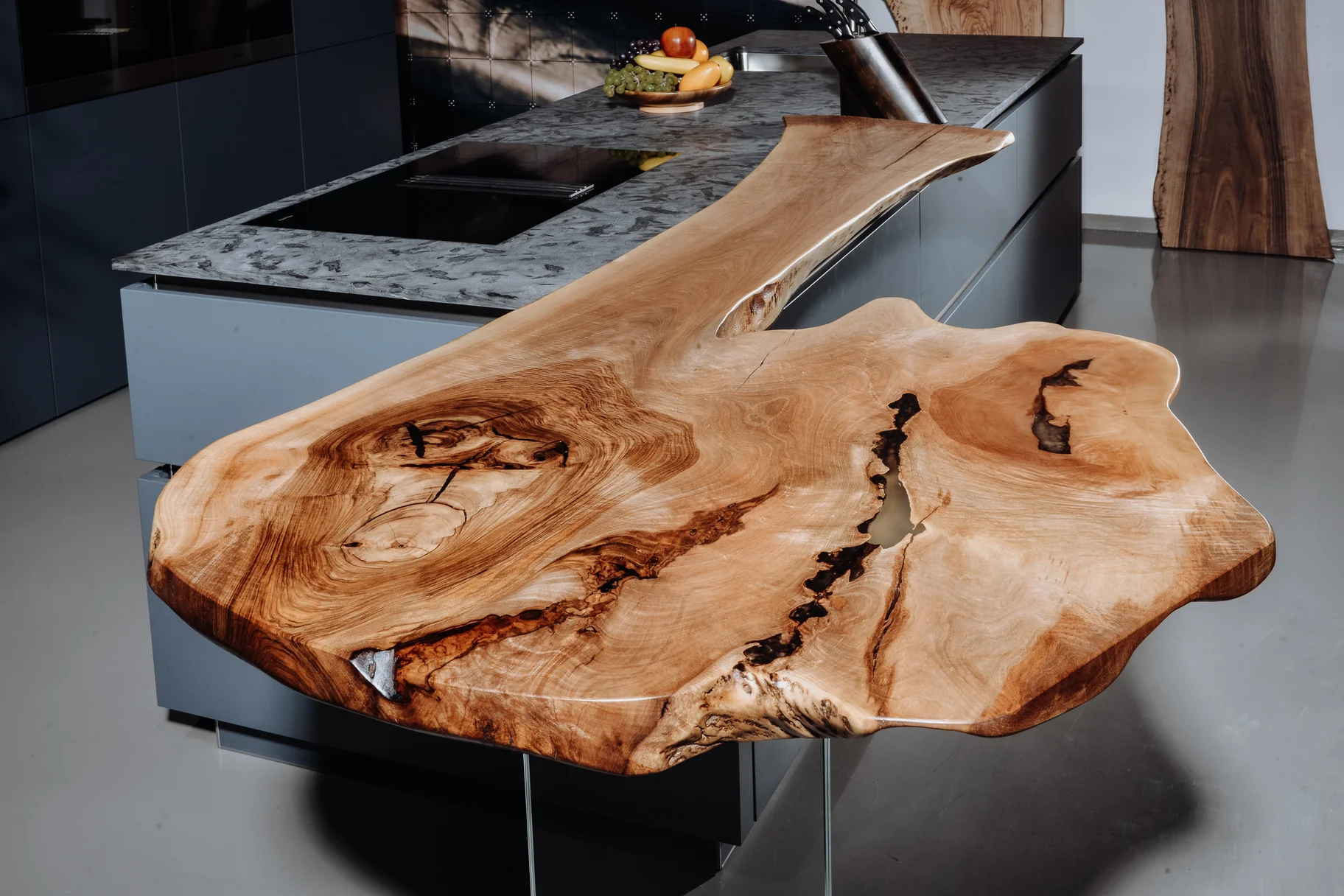 Solid kitchen bar top made from a tree trunk with a sturdy solid wood surface, side view 3.