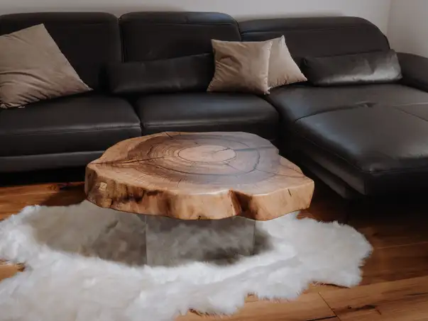 Tavolino in tronco d’albero con gambe in vetro di alta qualità e grana del legno distintiva.