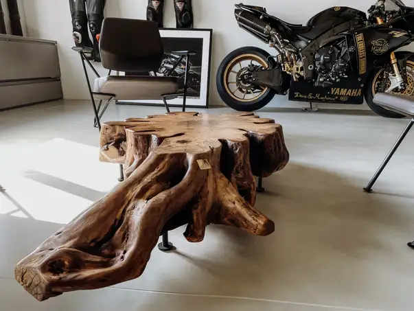 Tavolino moderno realizzato con un tronco d’albero e grana del legno marcata, in rovere, realizzato da Stammdesign, vista 1.