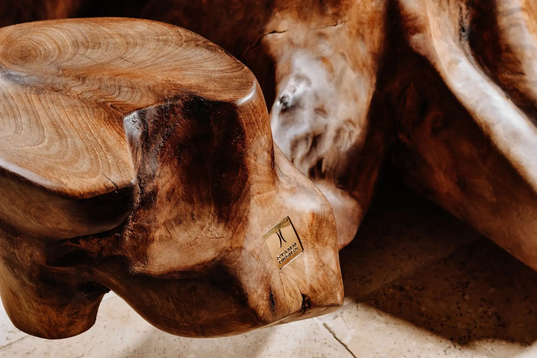 Mesa maciza de raíz hecha de un tronco con veta natural y tablero de nogal resistente, detalles 1.