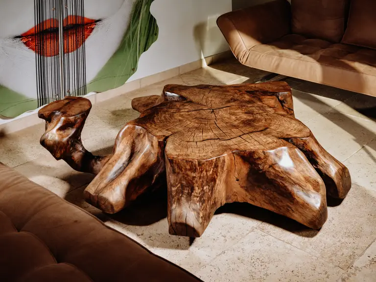 Tavolo massiccio con radice realizzato con un tronco, venatura naturale e piano robusto in noce.