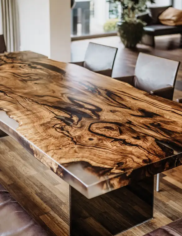 Table à manger de haute qualité en tronc d’arbre avec bord naturel droit et plateau en bois massif de noyer.