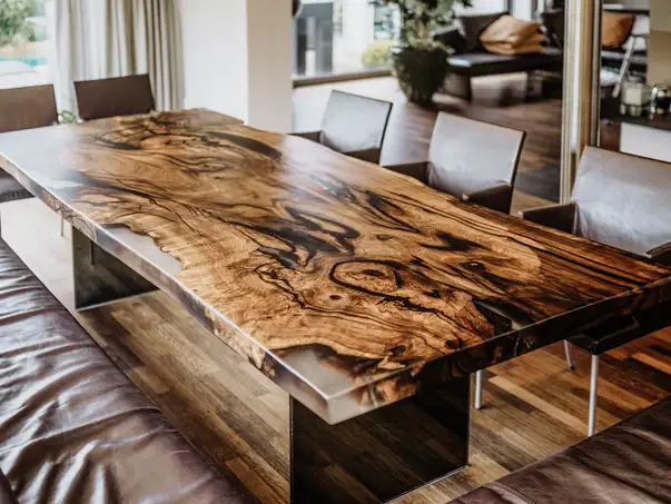 Tavolo da pranzo di alta qualità da un tronco con bordo naturale dritto e piano in legno massello di noce.