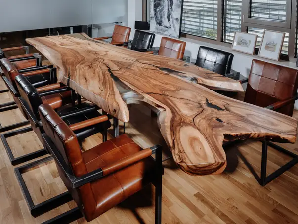 Mesa masiva de diseño de un tronco con veta única y tablero resistente de nogal, vista izquierda.