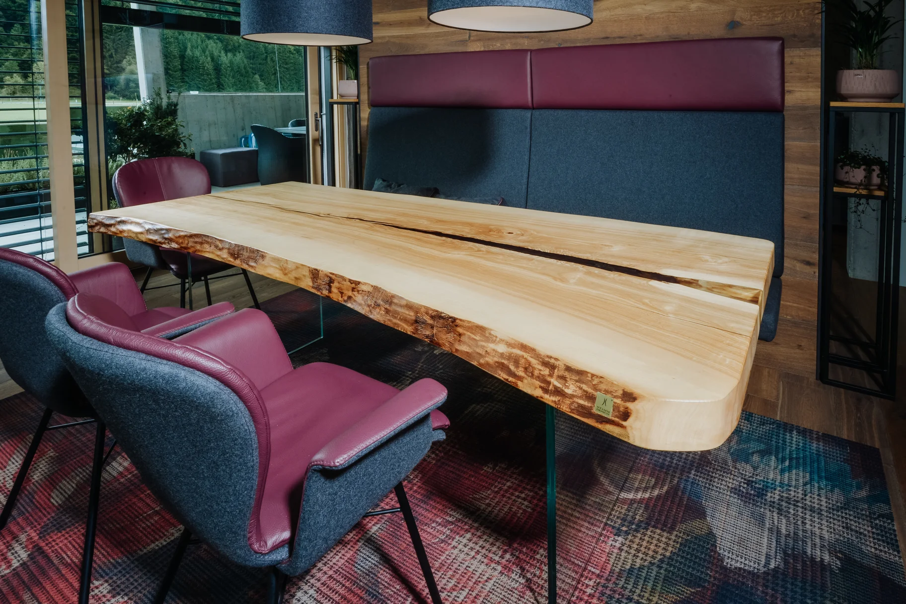 Designer dining table made from a tree trunk with elegant tabletop, perfect for any ambiance, view 2
