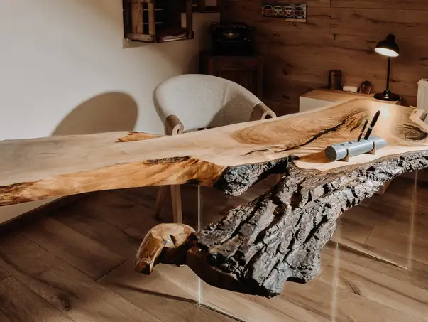 Scrivania in tronco d’albero di design in legno naturale con bordo naturale ed corteccia, vista 1
