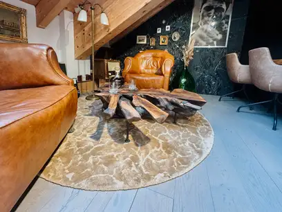 Natural walnut root coffee table with striking grain and organic shape