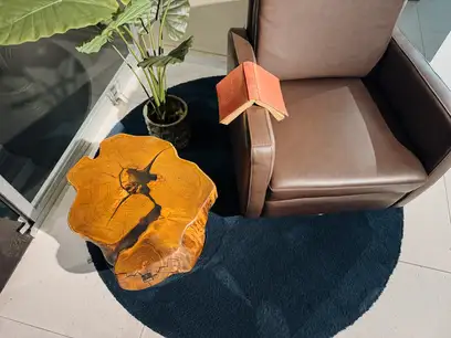 Handcrafted robinia wood side table with organic live edge and floating glass base